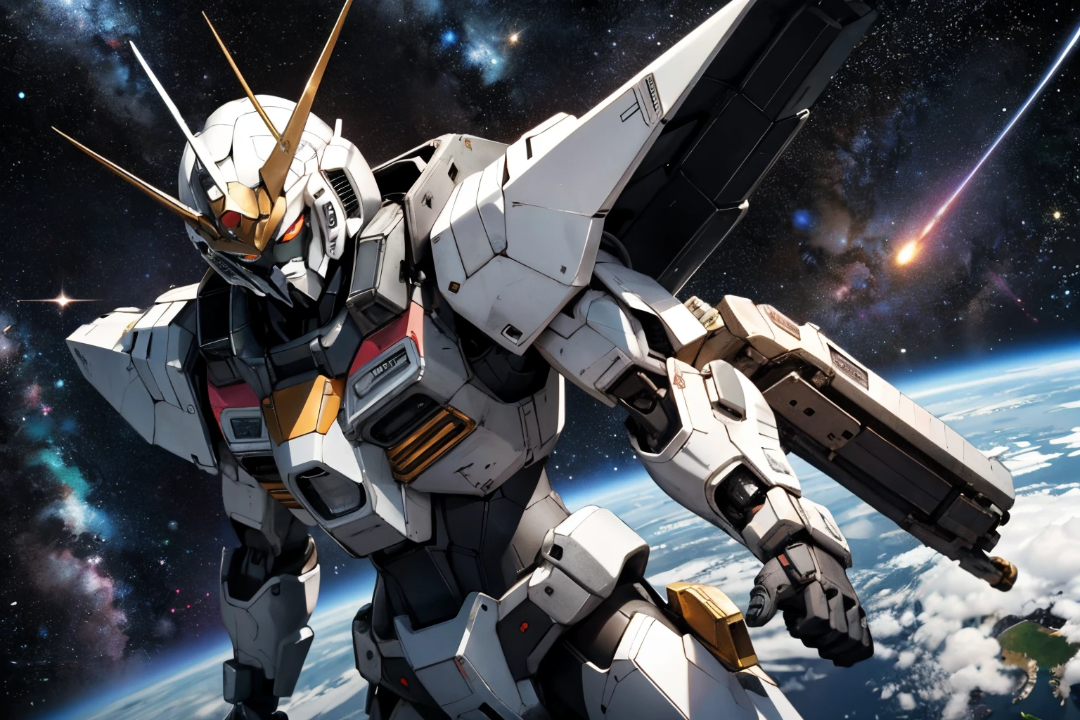 Mobile Suit Gundam with an all-silver metallic body、Red trim on the body、Fly in outer space。Earth with stars on background、