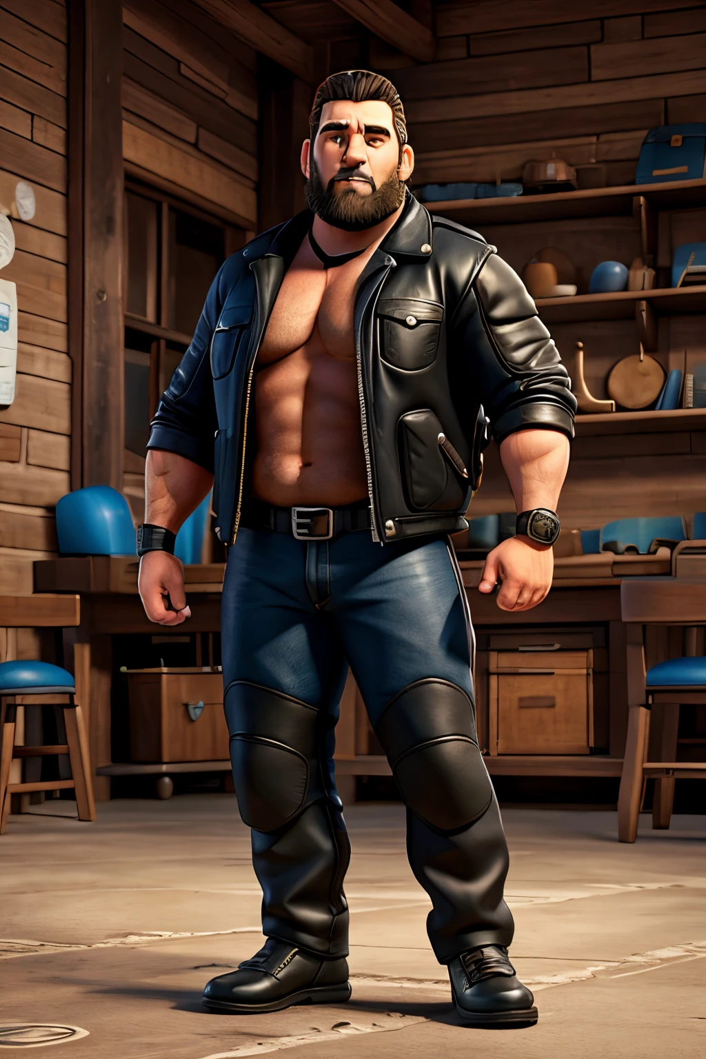 Big burly motorcycle rider wearing leather riding gear wearing a child's backpack