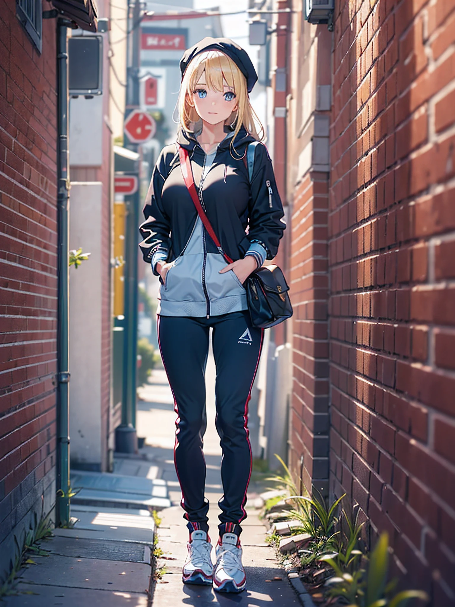 ((Best Quality, 8K, masutepiece:1.3)), (Focus: 1.2), (Perfect Body Beauty, Photorealistic: 1.4), (Best Quality), (Best Shadow), Detailed, Perfect Lighting, (depth of fields:1.3),
BREAK
1girl, Solo, Blonde hair, Little smile, Blue eyes, swept bangs, Big breasts, Perfect Anatomy, (Height 10 heads),
BREAK Stand on the brick wall, Looking away, Upper body, ((blue baggy college jacket)), (Sweatshirt), (girls crossbody bags), knit hat, sneakers, (black tracksuit pants)