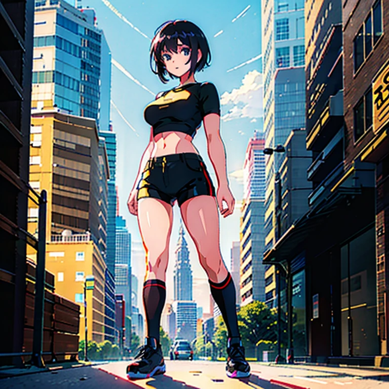Sexy woman, black workout shorts, solid black shorts, cropped t-shirt, crop top, knee high socks, full body, standing, short hair, sexy, standing, outside, street