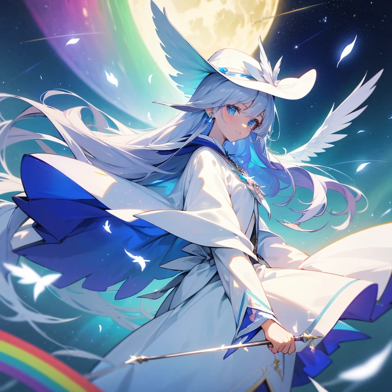 Human Female,27yo,Adults,Alone,Precure,Fight with magic,Smooth long hair,pure white hair,Big blue eyes,Sparkling eyes,White witch costume with rainbow jewels,White fluffy long skirt,A white cloak that seems to contain the universe,White ribbon,a white collar,in warm colors,blanche,pure,kindly smile,Cool,Fantasia,Magical,myterious,mysterious,Beautiful fece,Hopeful,animesque,White Witch,strong con,bro,uses magic,European style,colorful gems,white crow feathers,White witch hat with white ribbon and white bird feathers,magic wand with aurora gemstone,pale light,Silver Light,use rainbow magic,rainbows,face forwards,A strong wind blows from the right side,Best Quality,high-level image quality,hightquality,a moon,Aurora,stele,No logo
