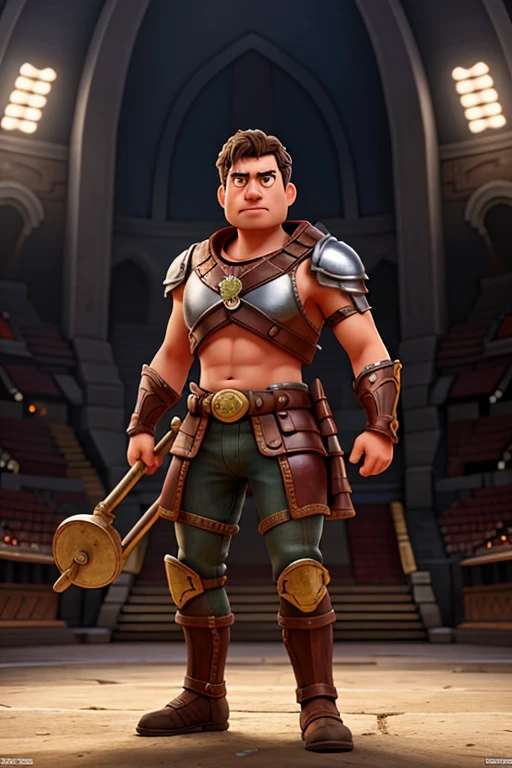 estilo pixar, Robust gladiator with armor, angry facial expression rigging a flail with background inside an arena with high quality (detailed) (intricate) (8k) (HDR) (wallpaper) (cinematic lighting) (sharp focus),