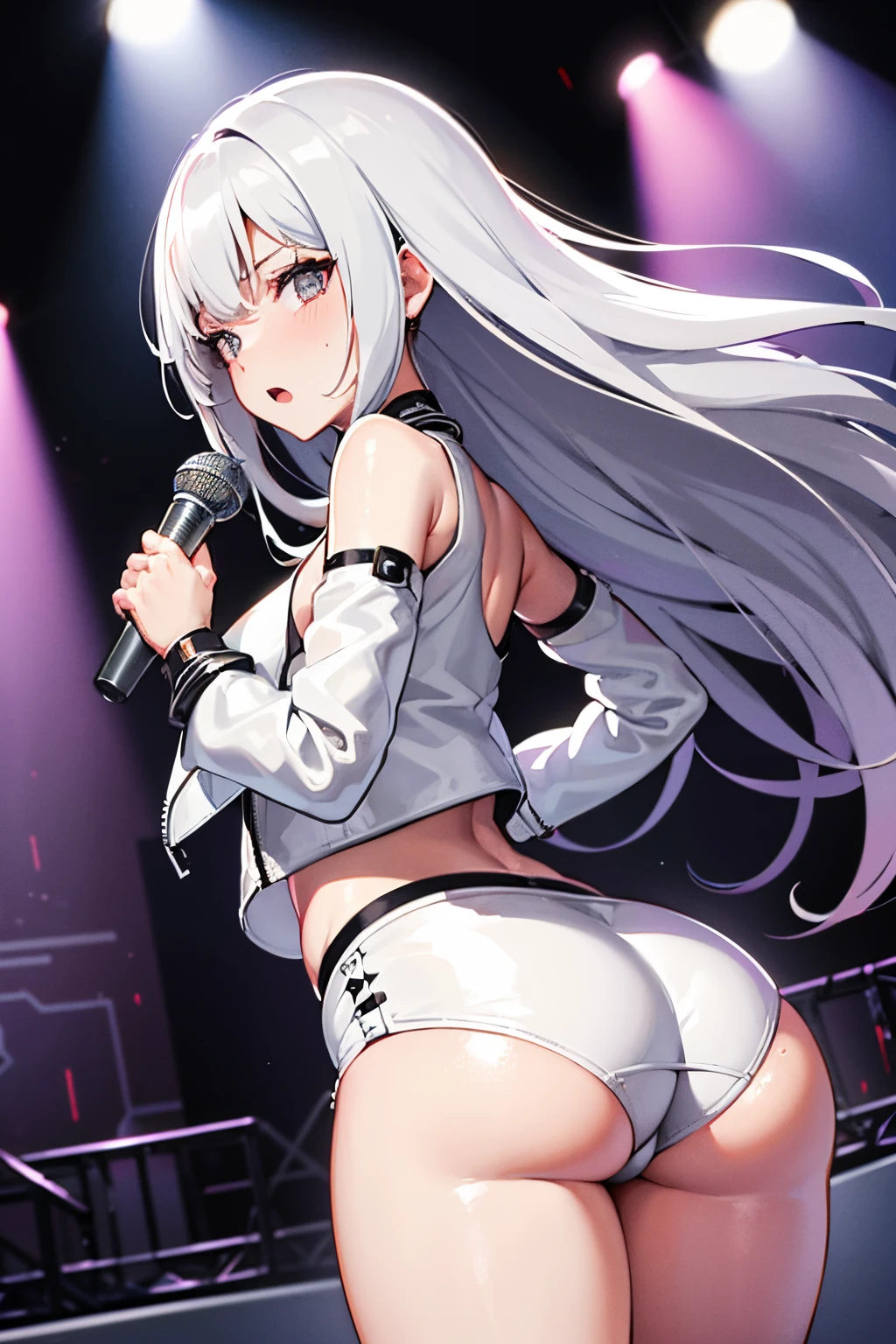 1 woman, wide hips, back, ass, wide shot, white crop top, leather short shorts, oversized leather jacket, open shoulders, silver hair, large breasts, long hair, leaning to the side, street,Idl, microphone holding microphone singing, stage stage lights