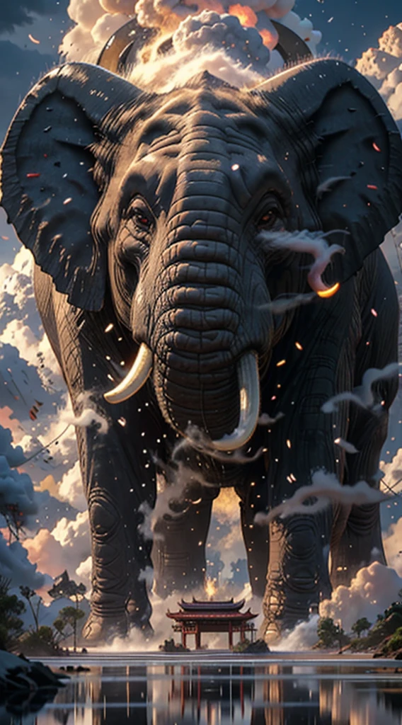 BJ_Sacred_beast, elephant, outdoors, horns, sky, cloud, no_humans, glowing, fire, building, scenery, glowing_eyes, smoke, monster, architecture, east_asian_architecture,
cinematic lighting,strong contrast,high level of detail,Best quality,masterpiece,