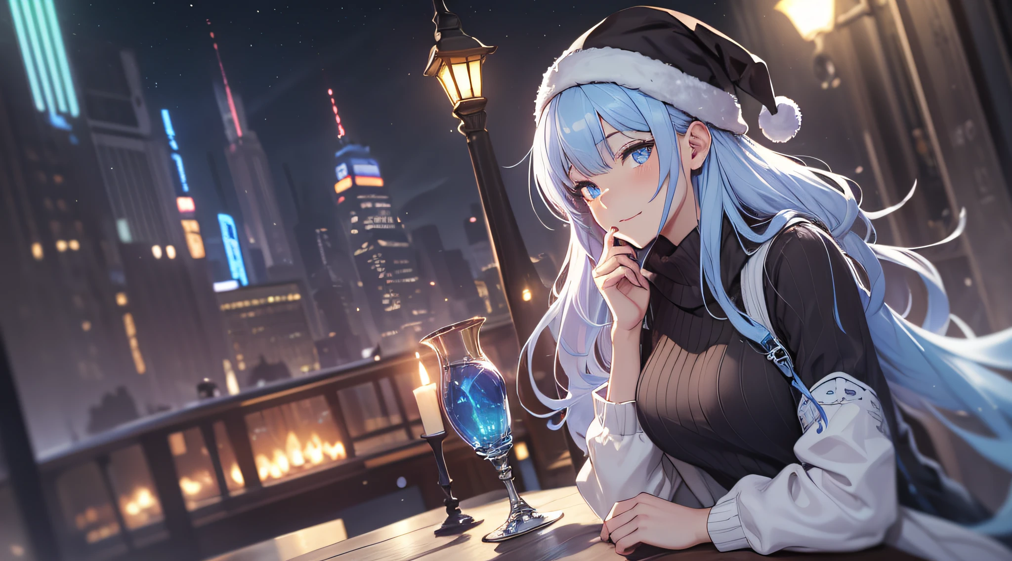 top-quality、Top image quality、​masterpiece、teens girl((white longcoat、Blue tank top、black trousers、Santa's Hat、18year old、 Ager、Best Bust、big bast,Beautiful light blue eyes, Long silver hair、A slender,Large valleys、dye one's cheeks red、White breath、Reflecting the whole body、jamping、reaching out her hands、dye one's cheeks red、A slight smil、sit a chair、A slight smil、Visit、Shining eyes、Leaning forward)),hiquality、Beautiful Art、Background with(( Calm cafe at night、Counter seats、Hot coffee、chocolate cake、snowflakes falling、Heavy snow falls、snowman、 A world where snow piles up、Christmas tree、Crystal Tower)))、masutepiece、depth of fields,