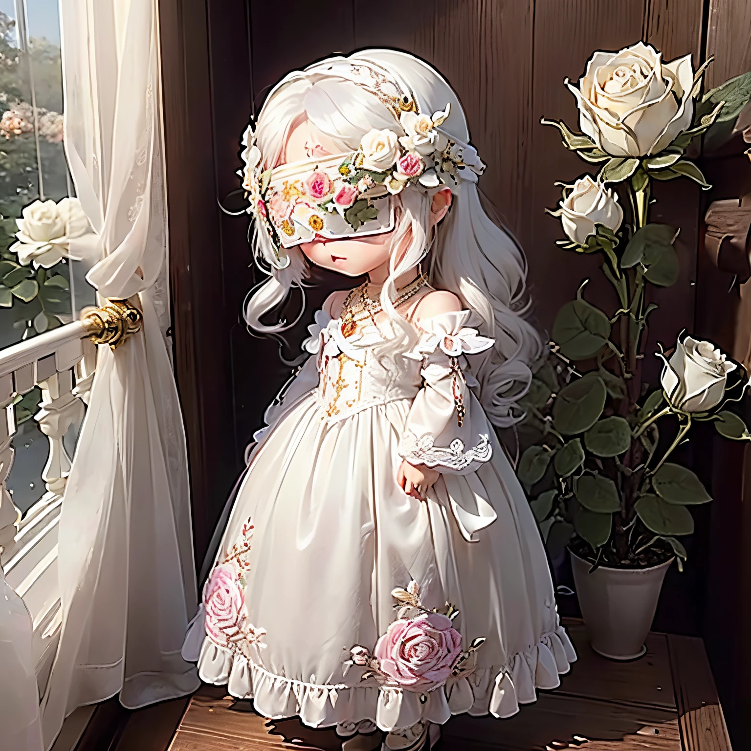 ​masterpiece、top-quality、ultra-detailliert、(Chibi Chara's Daughter:1.2)、blindfolds、(The blindfold is a luxurious white blindfold with luxurious jewels and rose embroidery..:1.3)。.、gold bob、wraith、Fairytale autumn forest、Full-body standing figure、Lightning flashes