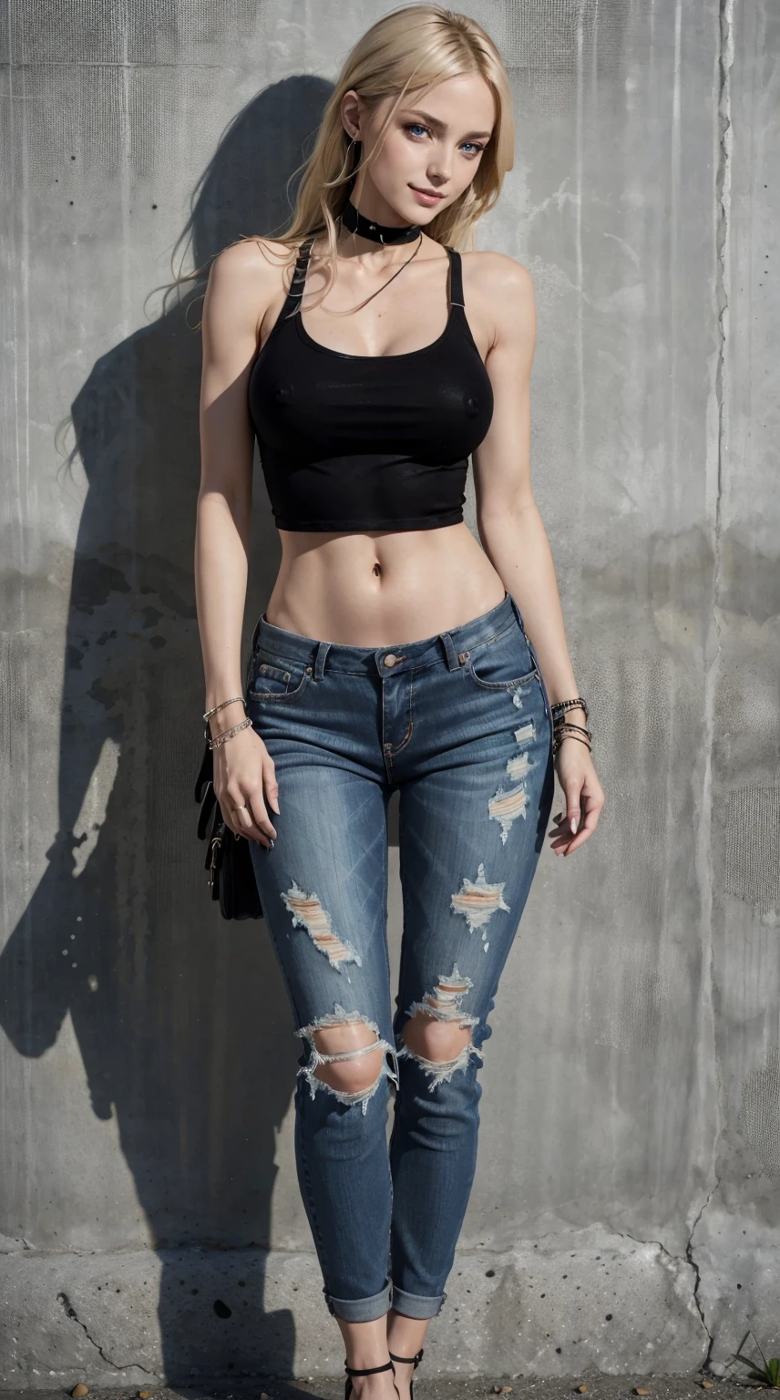 25-year-old Caucasian woman、platinum-blonde、blue eyess、Longhaire、Straight hair、accessories on the wrist、wearing a choker、I can see the belly button、My abs are cracked、a smile、Well-proportioned but slim muscular body、I try not to let my head disappear from the screen.、Wearing a black high neck zipper up tank top、I'm wearing low-rise distressed skinny jeans.、I'm wearing pin heels、Shoulder bag over shoulder、Stretching in front of an old concrete wall、a smile
