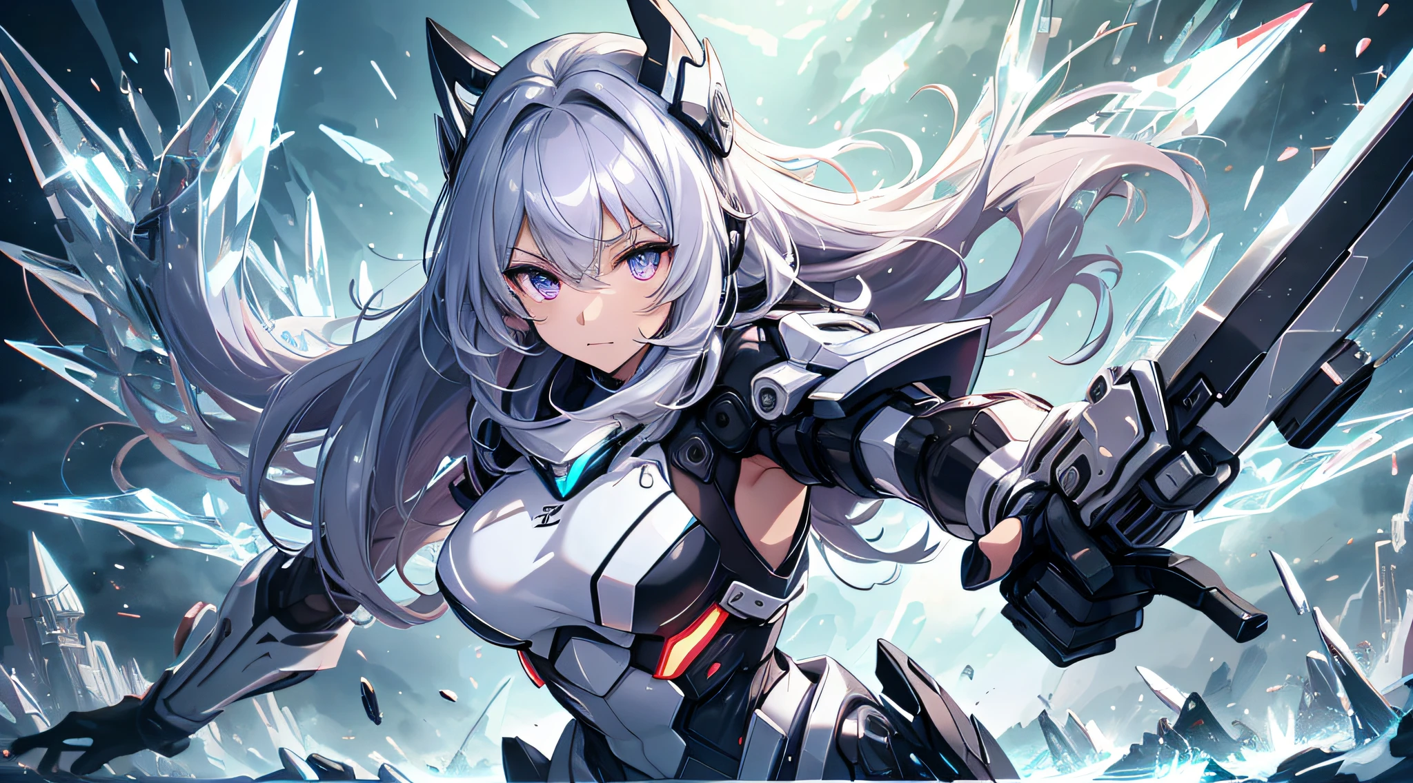 top-quality、Top image quality、​masterpiece、girl with((black and white mecha suit、Glowing mech suit、18year old、 Ager、cute little、Best Bust、big bast,Beautifully shining purple eyes open wide, Messy silver hair、Longhaire、A slender,big moves in volleyball,sharp claws、he has a long knife in his right hand.、he has a short knife in his left hand.、head phone、fighting poses、Lonely face、running splatter)),hiquality、Beautiful Art、Background with((Midwinter world、Uguisado、Crystal Tower)))、,masutepiece、depth of fields,Cinematic style