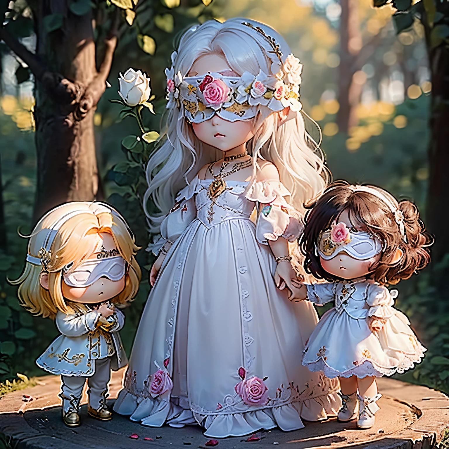 ​masterpiece、top-quality、ultra-detailliert、(Chibi Chara's Daughter:1.2)、blindfolds、(The blindfold is a luxurious white blindfold with luxurious jewels and rose embroidery..:1.3)。.、gold bob、wraith、Fairytale autumn forest、Full-body standing figure、Lightning flashes