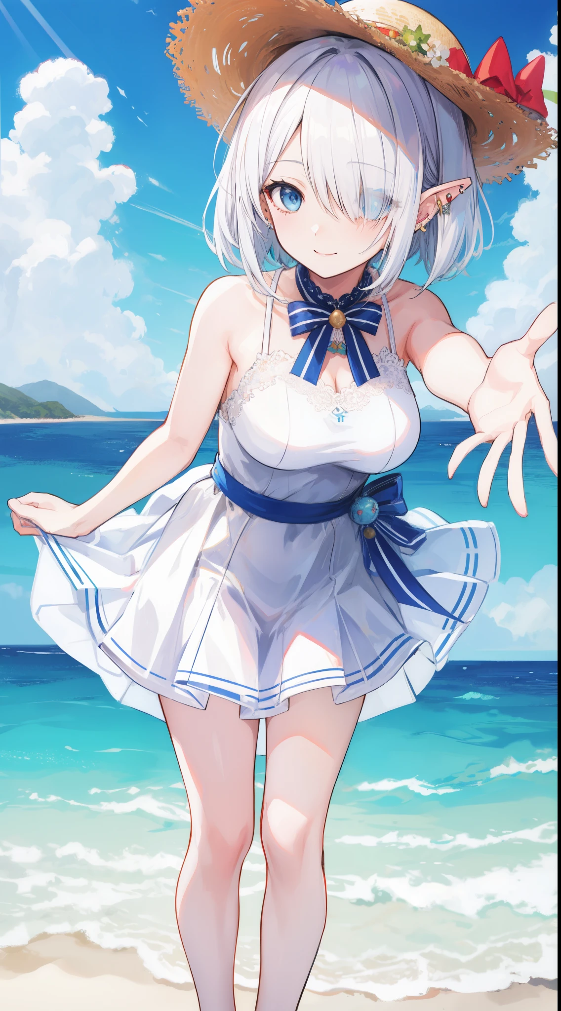 best quality, masterpiece, , ,short, big breasts, white hair,low twintails, blue eyes, yukine chris as elf, Bob cut hair, parted bangs,(hair over one eye), Various accessories, (ear piercing),, beach, sea, white dress, white skirt, white one-piece, straw hat,  (((shy))), (happy), leaning forward, summer, from above, reaching out, smiling, art style by Artgerm, by Kawacy, By Yusuke Murata