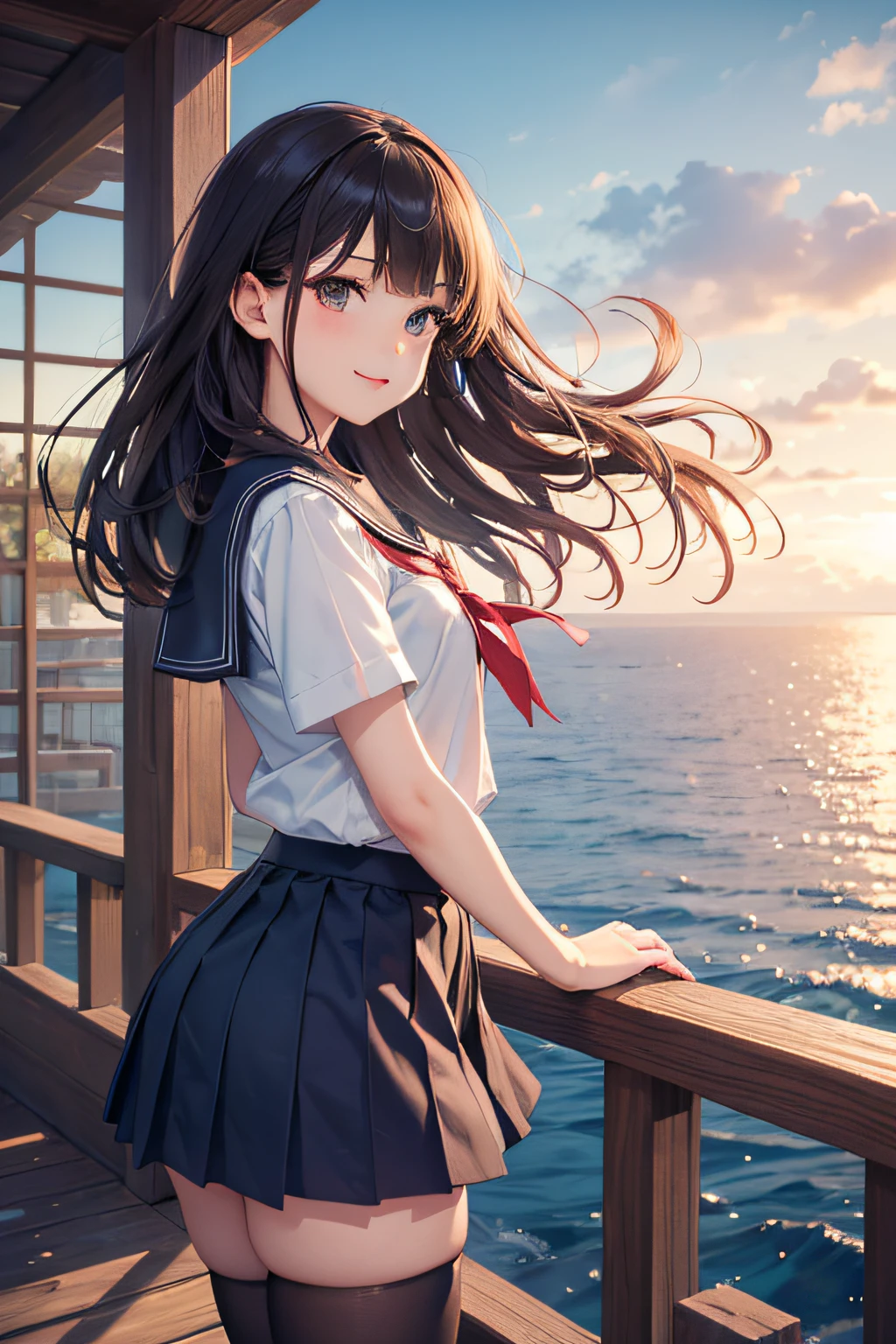 A very cute and beautiful high school girl looking at the sea on the hill,(very detailed beautiful face and eyes:1.2),Smile,Cowboy Shot,
Seifuku,(Mini skirt),Black hair,Beautiful legs,zettai ryouiki,(Looking at the sea,From the top of the hill),House with a red roof,Detailed landscapes,
(Best Quality,masutepiece:1.2),Intricate details,hight resolution,Solo,
Dynamic Angle,Natural lighting,Hair fluttering in the wind,Beautiful detailed sky,