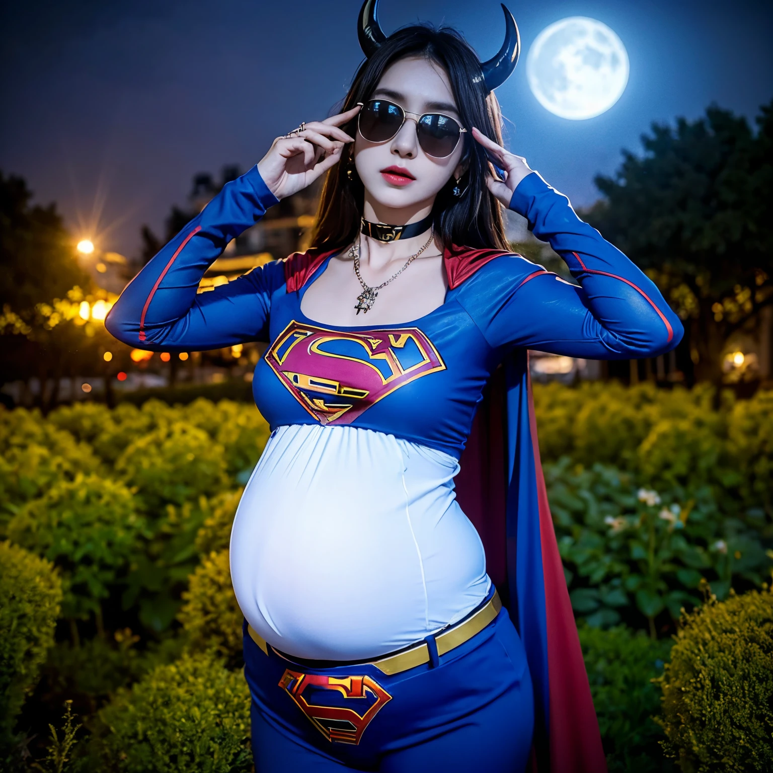 sunglasses, 1 girl with jesus, supergirl outfit, halo, demon horns, standing on the garden, choker, midget, super villain, cross necklace, earrings, jewellery, jesus, jesus christ, cross tatto, sunglasses, evening with moon in the sky, pregnant