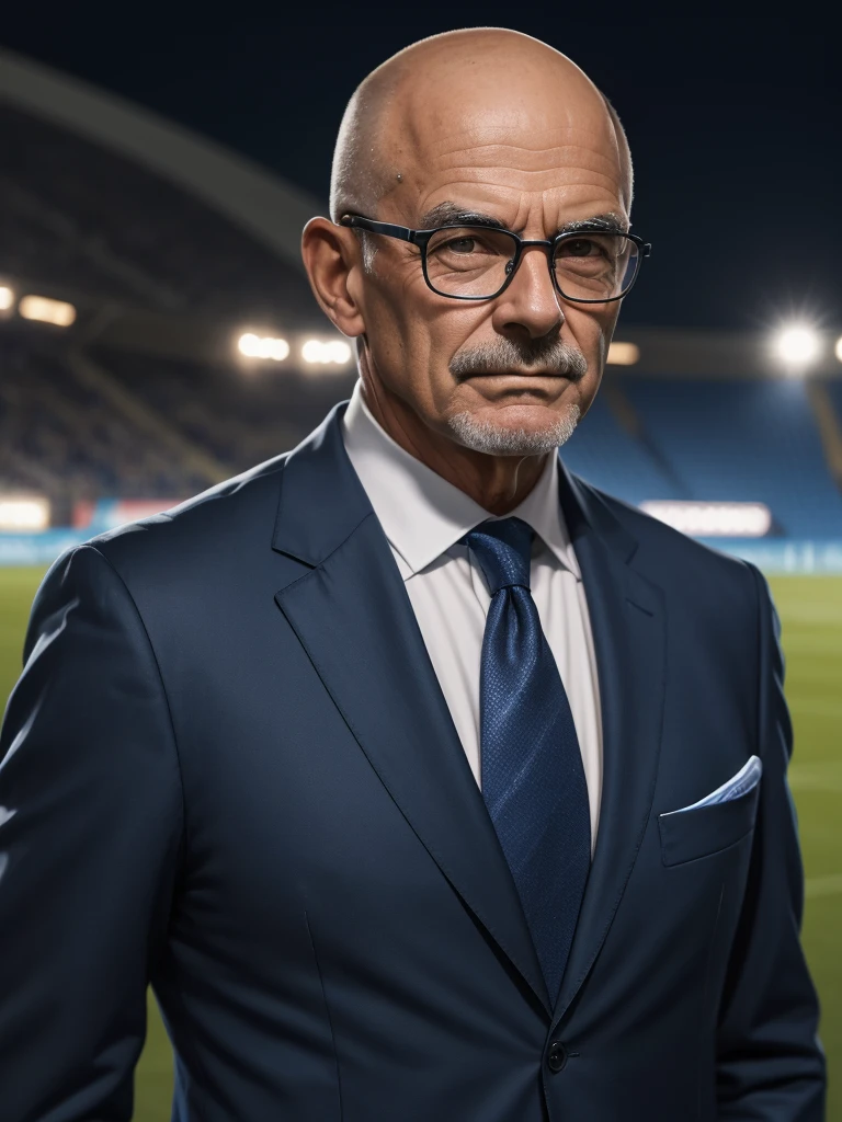 60 year old man man, clean shave, no hair in the crown of the head, wearing a dark blue suit and glasses, standing in the middle of a soccer stadium, evening, autumn, vibrant colors, detailed portrait of man facing camera, Futebol Clube do Porto, High Resolution.
