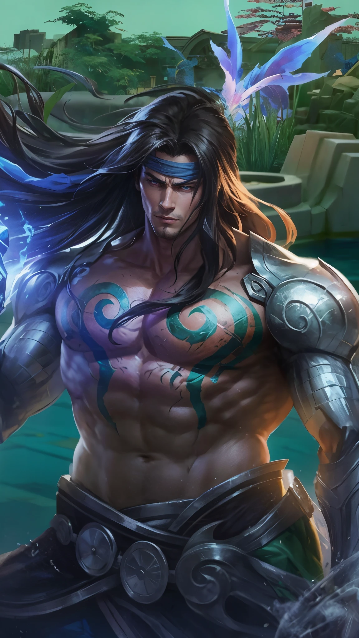 Anime villain, realistic, 1 boy, cool, heandsome, 8k quality, blue bandana