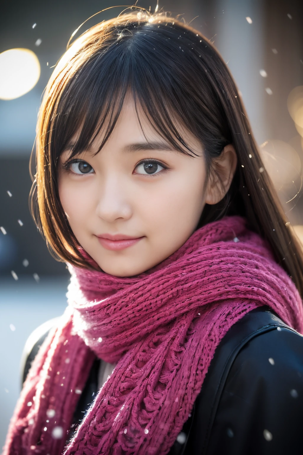 ((Show face only、Close-up of face、no-makeup))、(realisitic、Photorealsitic、ultra-detailliert、Highest Details Skins、top-quality、masterpiece、超A high resolution)、Cute Japan Woman、17 age、hi-school girl、younggirl、1 girl in、I have bangs、二重まぶた、drooing eyes、Large black eyes、Japanese style face、ssmile、Charming、purity、Straight face、double tooth、View here、Realistic skin type、Thick muffler、Grey muffler、fluffy hair、((hair inside scarf:1.3))、Red cheeks、The wind is blowing、It's snowing、illuminations、Lighting from behind