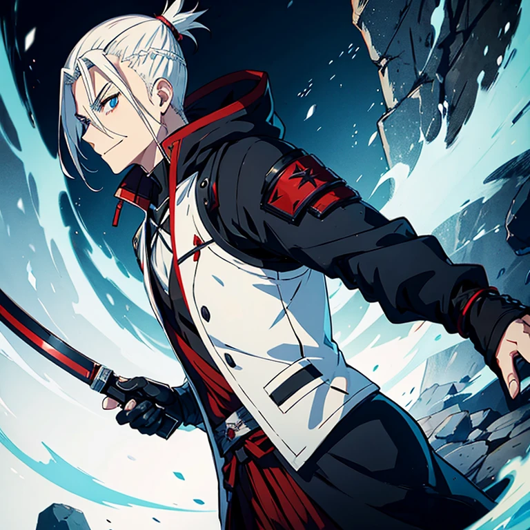 Anime boy with white hair side shaved like itachi , and blue eye wearing assasins creed black costume, coming from darkness to white with evil smile