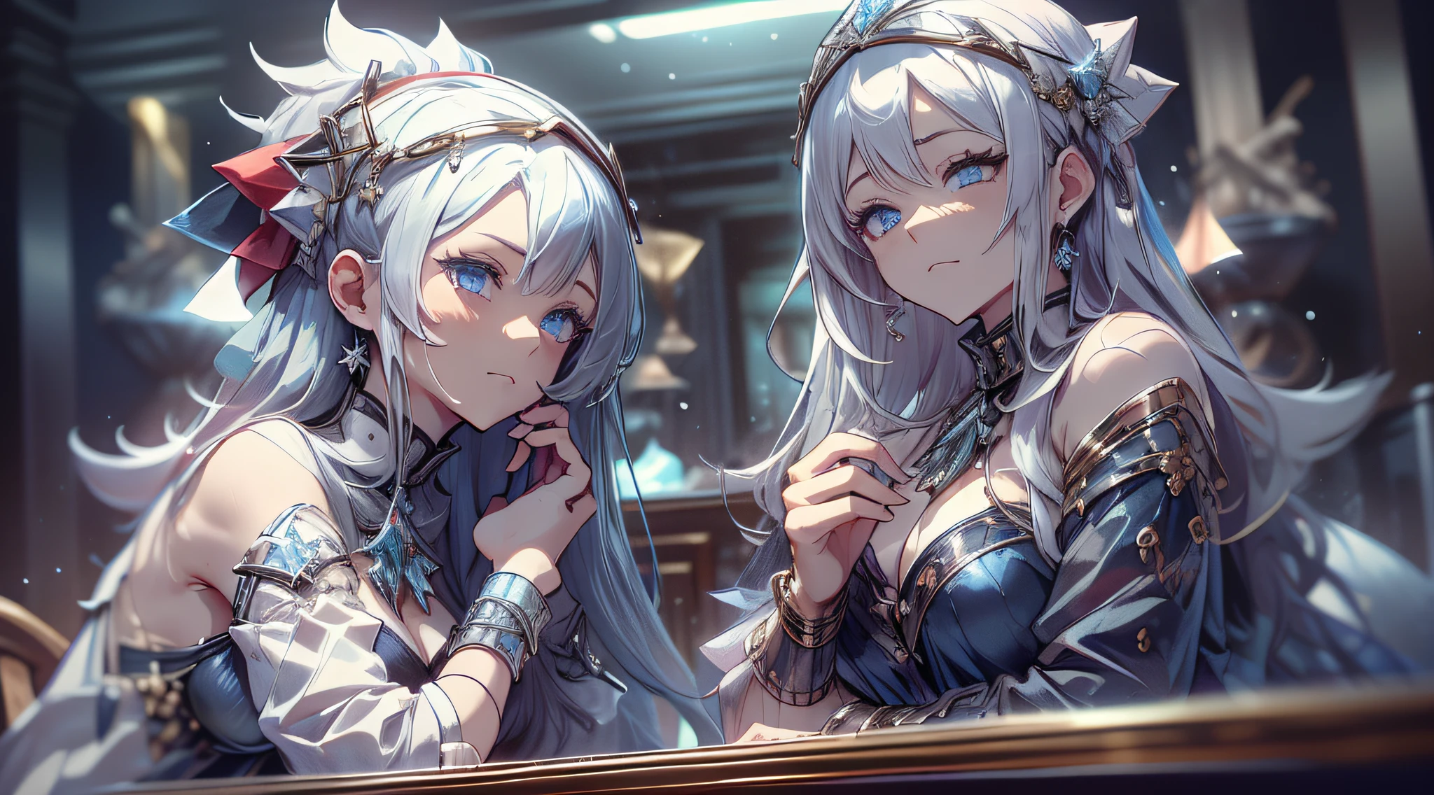 top-quality、Top image quality、​masterpiece、teens girl((white longcoat、Blue tank top、black trousers、Santa's Hat、18year old、 Ager、Best Bust、big bast,Beautiful light blue eyes, Long silver hair、A slender,Large valleys、dye one's cheeks red、White breath、Reflecting the whole body、jamping、reaching out her hands、dye one's cheeks red、A slight smil、sit a chair、A slight smil、Visit、Shining eyes、Leaning forward)),hiquality、Beautiful Art、Background with(( Calm cafe at night、Counter seats、Hot coffee、chocolate cake、snowflakes falling、Heavy snow falls、snowman、 A world where snow piles up、Christmas tree、Crystal Tower)))、masutepiece、depth of fields,