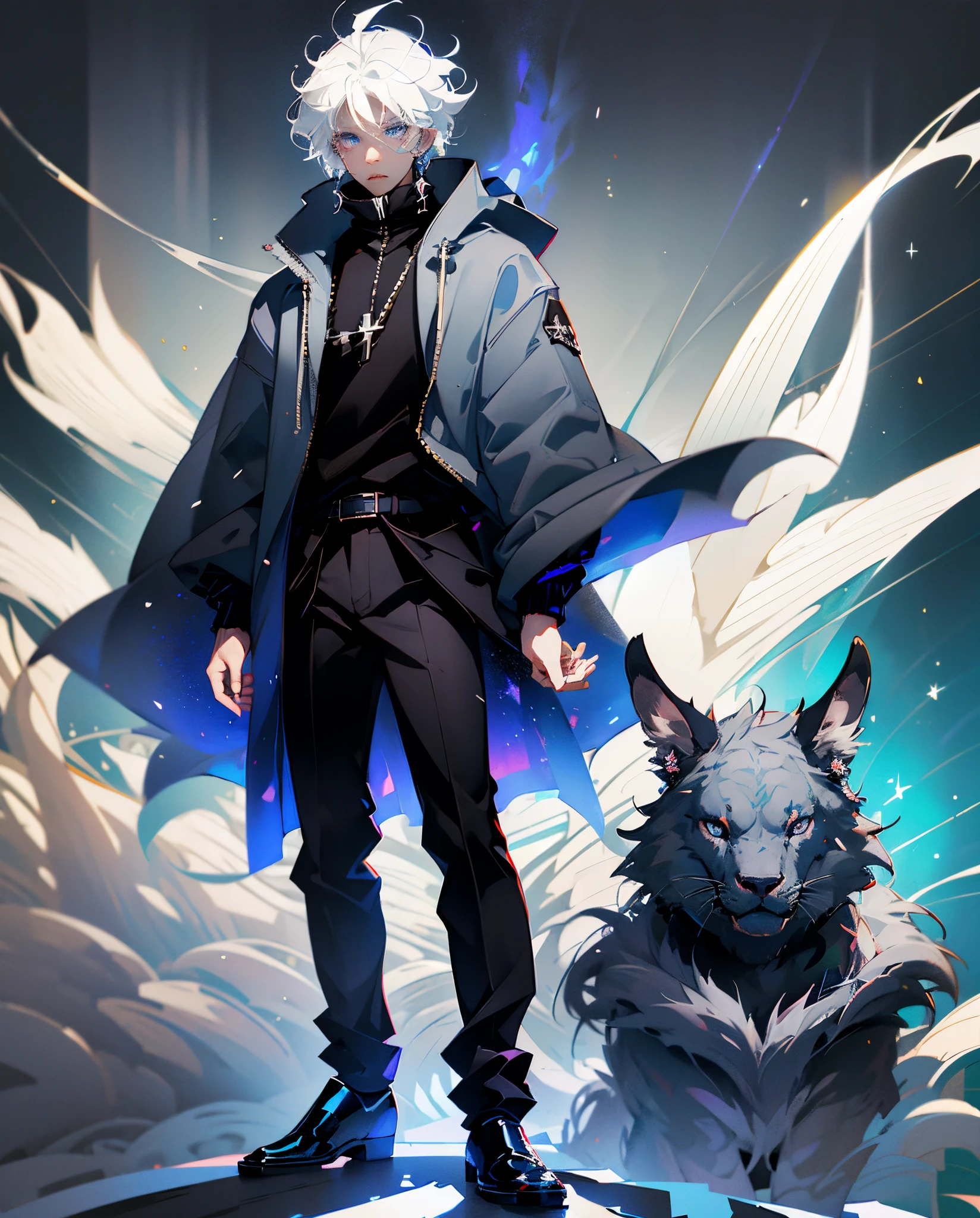 Anime guy with white skin, black hairs, black sclera, cosmic blue eye, blue coat, gray blue sweater under coat, dark gray trousers black shoes. average bodybuilt --auto --s2