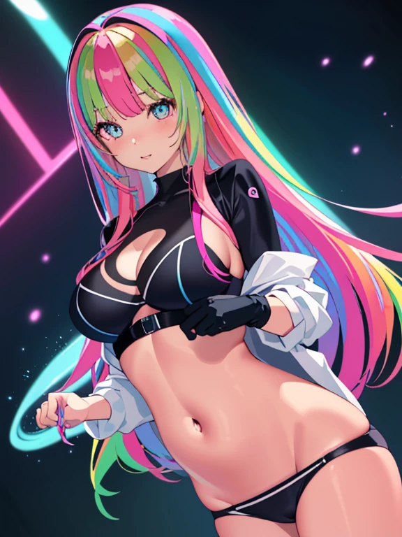 ((masterpiece、top-quality:1.5、a high chroma:1.5、ultra-detailliert、high-resolution illustrations:1.5、Ultra-high-definition CG、8k size wallpaper、offcial art))、(1girl,),(erotic cute face:1.5,cute eyes:1.5)、(clear face:1.3)、(sexy body),(),(pink erotic cyber suit:1.5,chest cut),(fluorescence multicolored hair:1.5), (large breasts:1.3)、(Plump:1.2)、
,(Glossy Eyes),()、(cowboy shot:1.5)、rainbow-colored hair、(outer space)