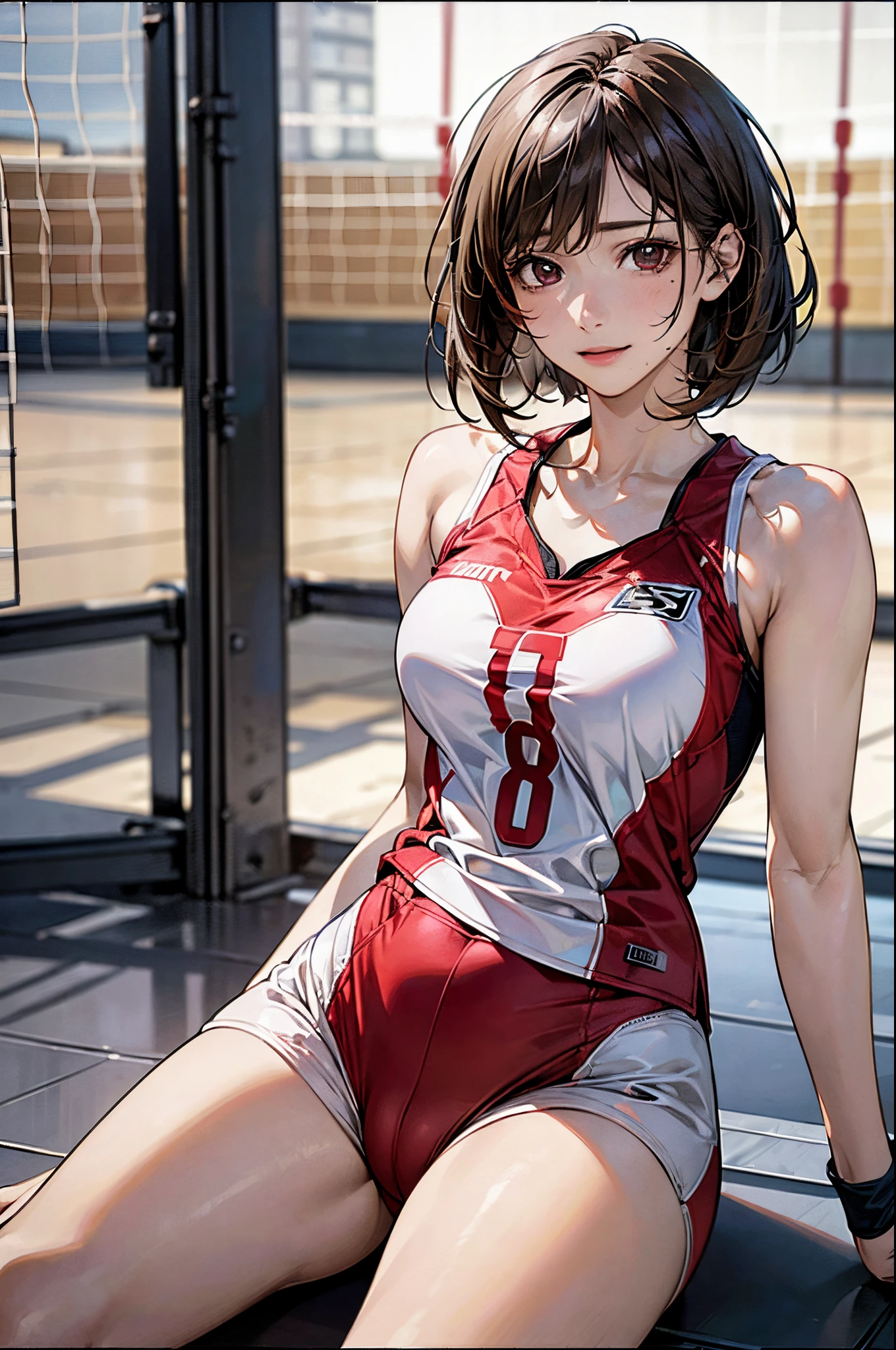 ((((perfect anatomy, anatomically correct, super detailed skin)))), 1 girl, japanese, , volleyball player, shiny skin, watching the view,
beautiful hair, beautiful face, beautiful detailed eyes, brown eyes, (short hair:1.2, bob cut:1.2), babyface, monder eye,
beautiful collarbones, beautiful body, Beautiful breasts, beautiful thighs, beautiful legs, large breasts:0.5, seductive thighs, cameltoe, bare arms, bare hands, bottmless,
((symmetrical clothinetallic, sleeveless, red volleyball uniform, red buruma)),
smile, sitting floor, ((((m leg, spread legeautiful scenery), morning, ((inside volley ball field)),
(8k, top-quality, masterpiece:1.2, extremely detailed), (realistic, photorealistic), beautiful illustration, natural lighting,