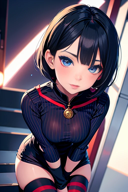 (cum on clothes:1.4), Masterpiece, extra high resolution, ultra -detailed, Beautiful European girl, black  hair, short bob cut, Amazing blue eyes, White Skin Skin, red-lips, blushful, gentle look, sorceress, Amazing face, The Amazing Mavis Dracula, realisti, Black Dress,  striped socks , Beautiful, the perfect body, Striped Thighhighs, Bulma, (on your feet:1.2)