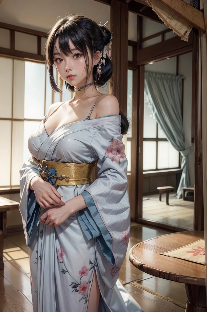 (masutepiece:1.Photoreal Stick:1.4, 8K), top-quality, masterpiece, 超A high resolution, Professional camera work, Grow Light Effect, Realistic portrait, Cinematic Light, Highly detailed skin and facial texture:1.Perfect dynamic composition, The ultra-detailliert, A detailed eye, Detailed limbs, (Japanese-style room in the Japan, formal hanging scroll, tradition:1.5), 1girl in, 25-years old, cute sexy japanese slim woman, Fair skin, (Enraptured look:0.9, Totally captivates you:1.0), (Silver kimono:1.32 off shoulder), (voluptuous breasts:0.9), (Backshots, Calm pose), (Beautiful blue eyes, Eyes that feel beautiful eros:0.85), Sexy face:0.4, (A mouthfeel that feels beautiful eros:0.85), ((Too cute beauty:0.9))