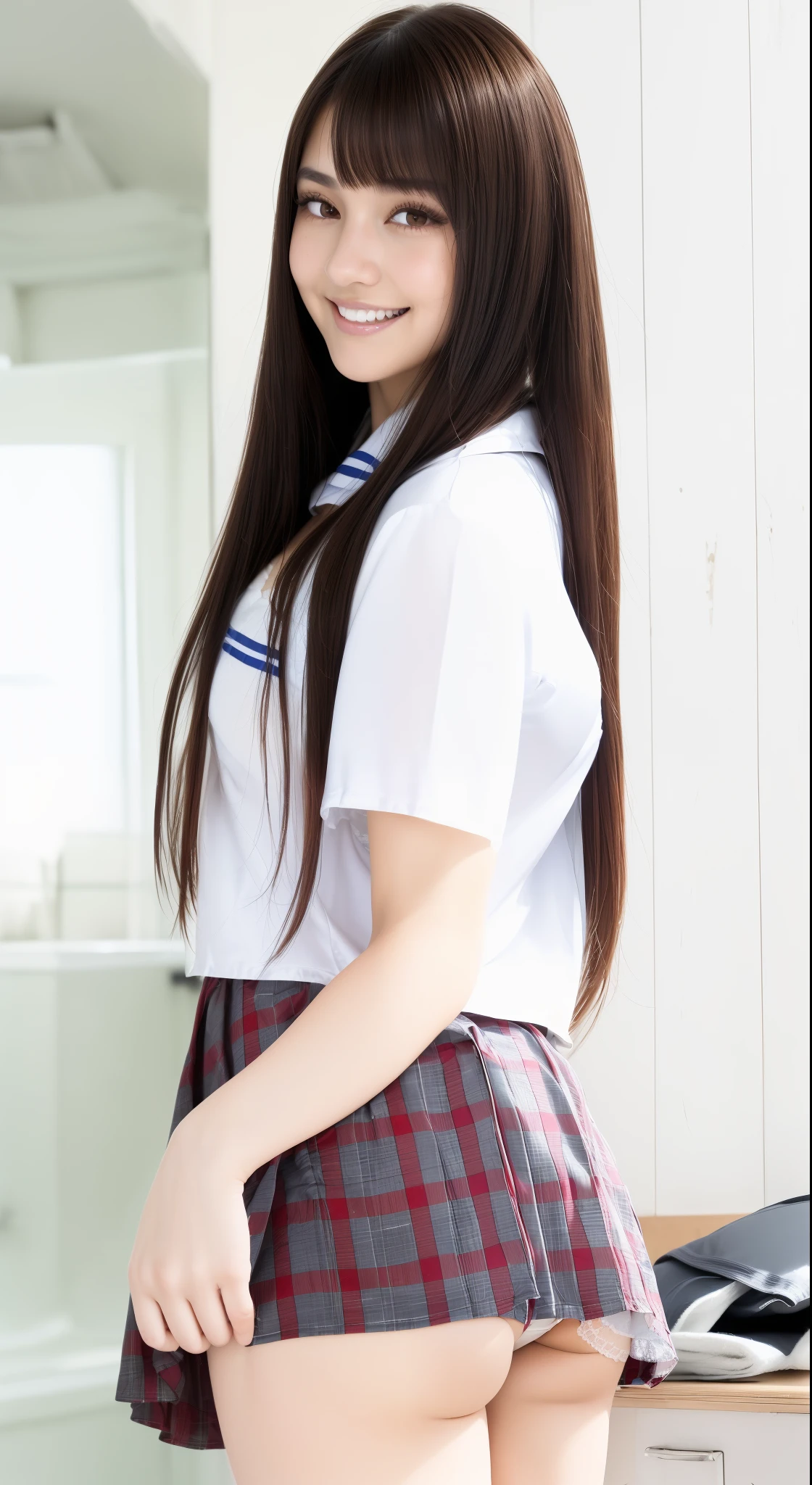 (15 year old girl:1.3),(young and fresh:1.3),(very long hair:1.3),(fleshy buttocks:1.3),(fleshy-chested ass:1.3), (big hip:1.3),(smile:1.1),(sexy panties:1.3),(white panties:1.2),(realistic silk panties:1.3),(double eyelids:1.3),(long eyelashes:1.3),Japanese school uniform,(Looking directly at Viewer:1.3),32K, masterpiece, Raw photo, Best Quality, Photorealistic, Highly detailed CG Unity 32K wallpaper,(Extremely beautiful face, Beautiful lips, Beautiful eyes, beautiful teeth), detailed teeth, intricate detailed face, ((Ultra detailed skin)) 1girl in, Cutest Pretty Japanese girl, Super idol, 1 girl,(Happy smile), Clear eyes, (pale skin), (Big eyes:1.2), (Brown hairs), thick thighs, ,balanced elegant face, drooping eyes