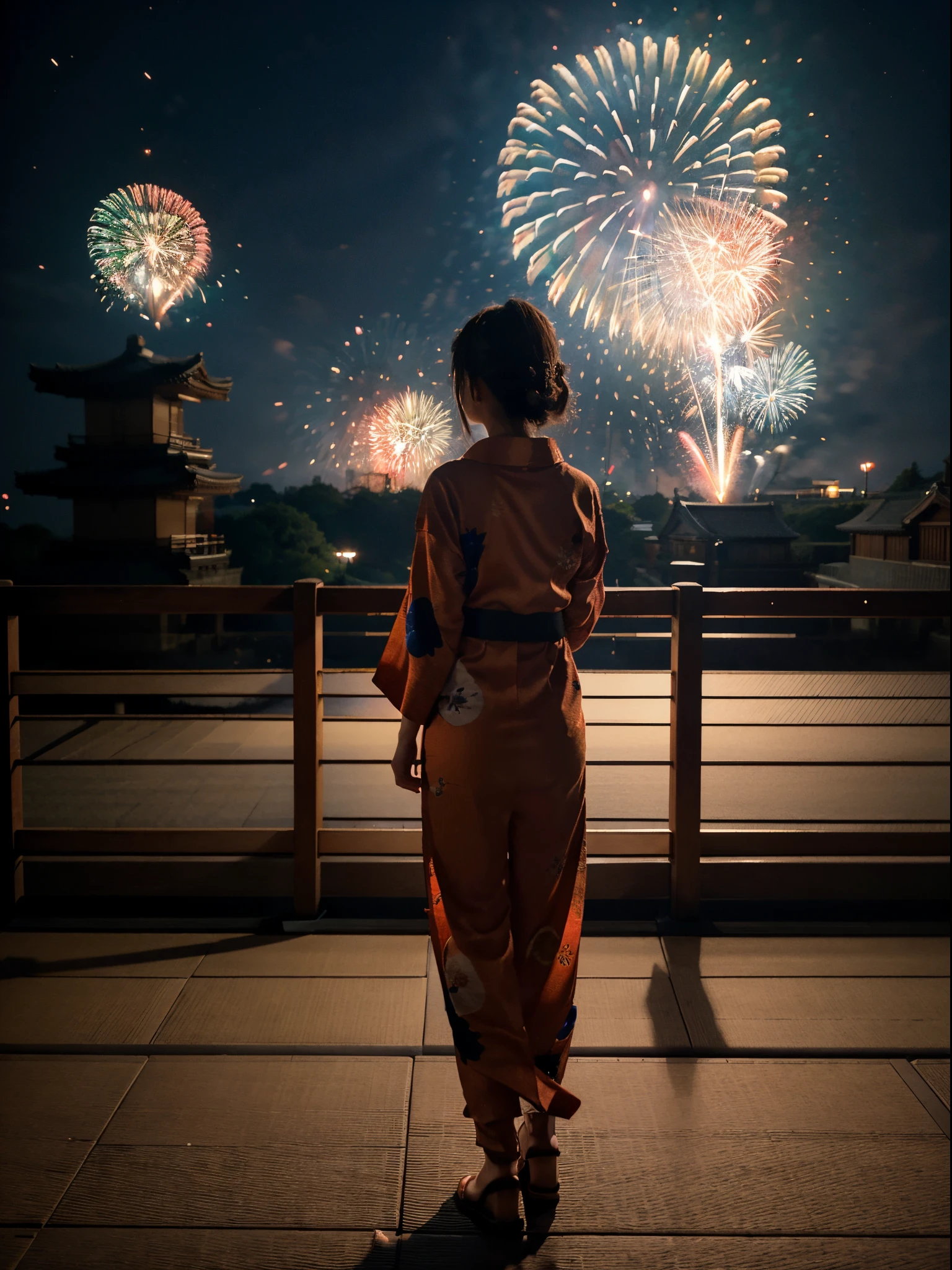 (firework: 1.3), a flame embroidered in the night sky, turning girl's head back and looking at viewer, back to camera, (full body: 1.5), happy, windy, kyoto in japan, wearing yukata, after hanabi, castle seen in the background, movie scene, cinematic light, low light, very dark scene