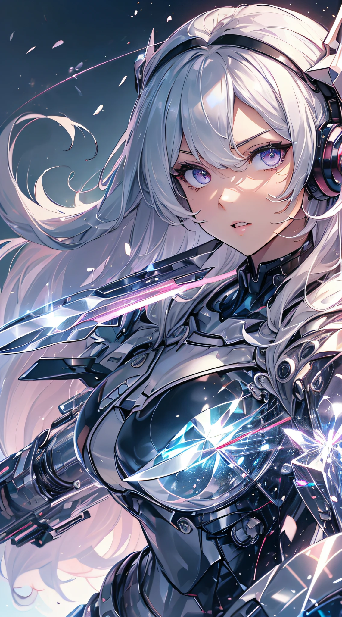 top-quality、Top image quality、masterpiece、girl with((black and white mecha suit、Glowing mech suit、18year old、 Ager、cute little、Best Bust、big bast,Beautifully shining purple eyes open wide, Messy silver hair、Longhaire、A slender,big moves in volleyball,sharp claws、he has a long knife in his right hand.、he has a short knife in his left hand.、head phone、fighting poses、Lonely face、running splatter)),hiquality、Beautiful Art、Background with((Midwinter world、Uguido、Crystal Tower)))、,masutepiece、depth of fields,Cinematic style