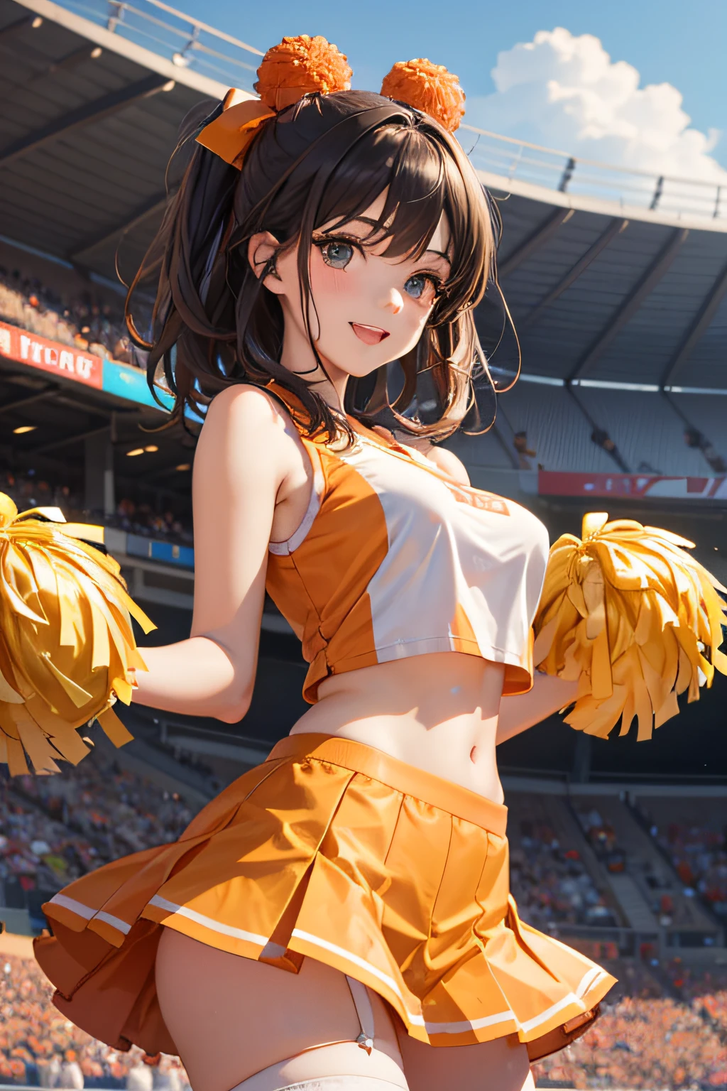 very cute and beautiful cheerleader girl,(highly detailed beautiful face),holding pom poms,(smile:1.3),happy, (stadium stands),cowboy shot,(leaning forward),(looking back,from behind),(from below),(sleeveless orange cheerleader shirt),beautiful legs,white underwear, looking at viewer,black hair,ribbon, (best quality,masterpiece),absurdres,highres,ultra-detailed,extremely detailed,32k,8k resolution, intricate details,cinematic scene,detailed background,solo,dynamic angle, hair fluttering in the wind,beautiful detailed sky,