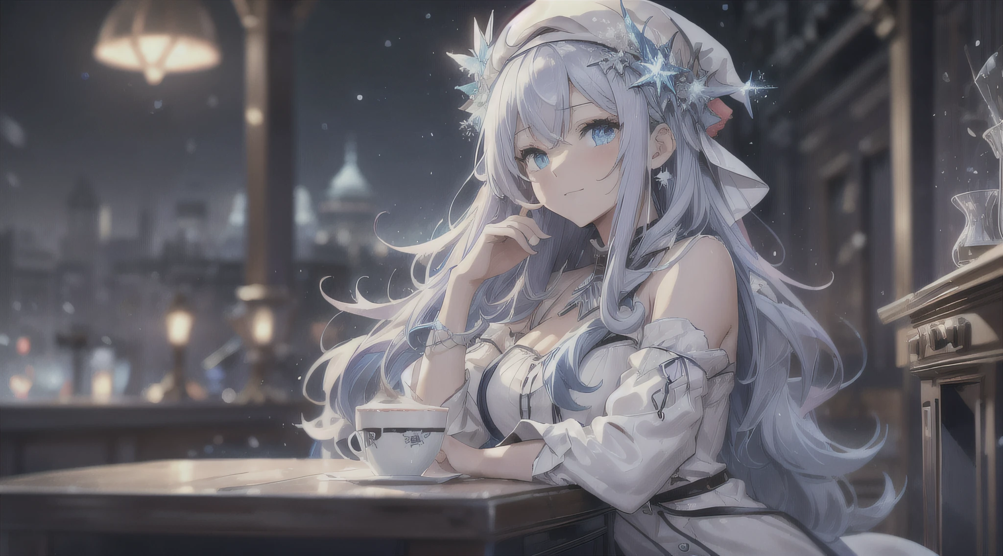 top-quality、Top image quality、masterpiece、s girl((white longcoat、Blue tank top、black trousers、Santa's Hat、18year old、 Ager、Best Bust、big bast,Beautiful light blue eyes, Long silver hair、A slender,Large valleys、dye one's cheeks red、White breath、Reflecting the whole body、jamping、reaching out her hands、dye one's cheeks red、A slight smil、sit a chair、A slight smil、Visit、Shining eyes、Leaning forward)),hiquality、Beautiful Art、Background with(( Calm cafe at night、Counter seats、Hot coffee、chocolate cake、snowflakes falling、Heavy snow falls、snowman、 A world where snow piles up、Christmas tree、Crystal Tower)))、masutepiece、depth of fields,