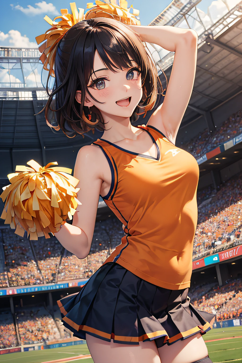 very cute and beautiful cheerleader girl,(very detailed beautiful face and eyes:1.2),(holding a pom pom:1.2),(Laugh),
(Stadium Stand),Cowboy Shot,Dynamic Pose,zettai ryouiki,(orange sleeveless shirt),Beautiful legs,Dynamic Angle,Black hair,
(Best Quality,masutepiece:1.2),Intricate details,hight resolution,1 girl,Looking at Viewer,
Natural lighting,Hair fluttering in the wind,Beautiful detailed sky,