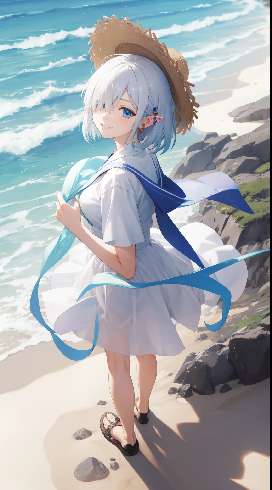 best quality, masterpiece, , ,short, big breasts, white hair,low twintails, blue eyes, yukine chris as elf, Bob cut hair, parted bangs,(hair over one eye), Various accessories, (ear piercing),, beach, sea, white dress, white skirt, white one-piece, straw hat, (((shy))), (happy), leaning forward, summer, from above, reaching out, smiling, art style by Artgerm, by Kawacy, By Yusuke Murata