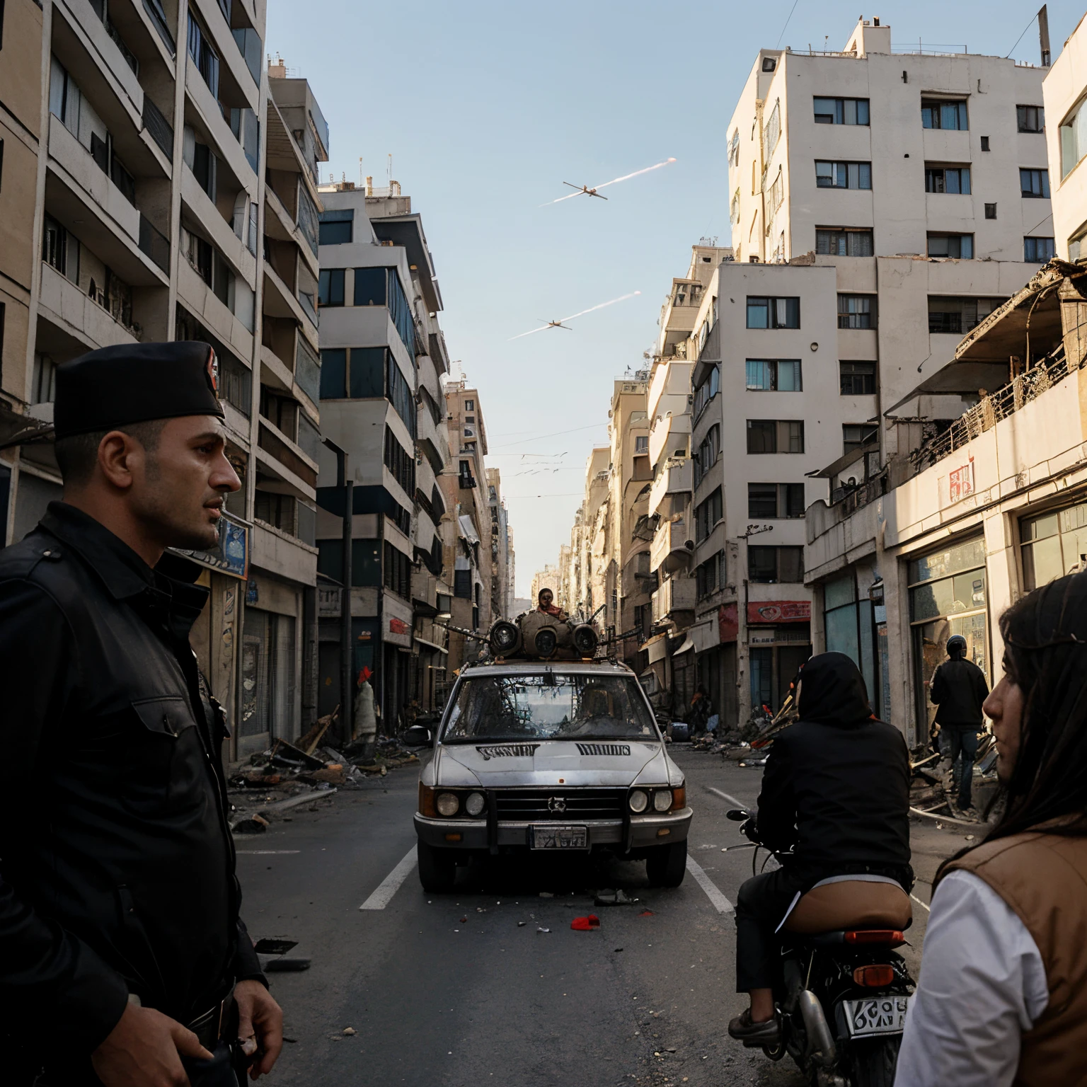 A Albanian terrorists riding on a BTR in a city, sky is filled with rockets flying around. Also Buildings are destroyed. Few people and dead bodies are on the street. Also there is on house on the right side has a serbian flag.