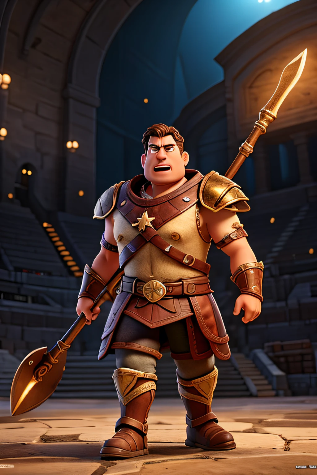 Estilo Pixar, Gladiador robusto com armadura, angry facial expression manipulating a flail with high quality background inside an arena (circunstanciado) (intrincado) (8k) (HDR) (papel de parede) (Cinematic lighting) (foco nítido),