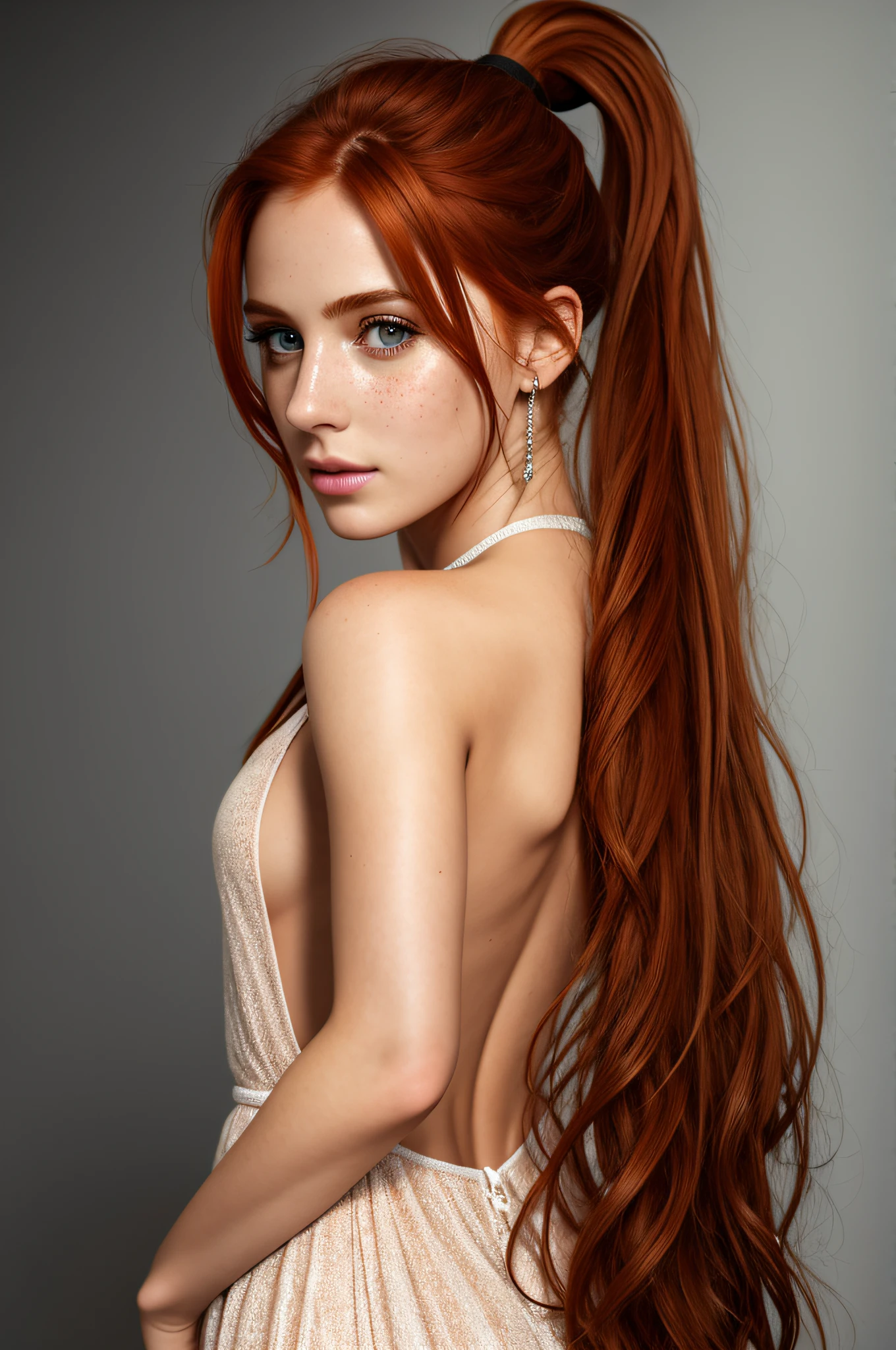 Nsfw、nude、(((1 girl))), ((((alone)))), ((messy hairstyle)), stand and take a photo, (((reddish yellow hair)), red eyes