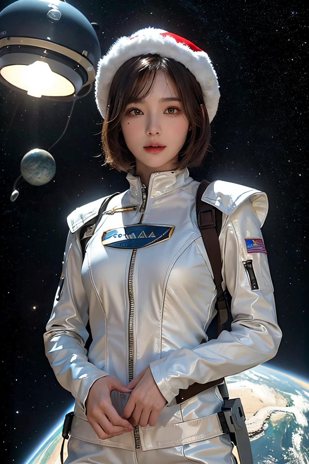 top-quality、masterpiece、超A high resolution、(realisitic:1.4)、Beautuful Women1、Beautiful detail eyes and skin、ssmile、Light brown short-cut hair、The perfect spacesuit、spaceships、cosmic space、santa hat、flying saucer、