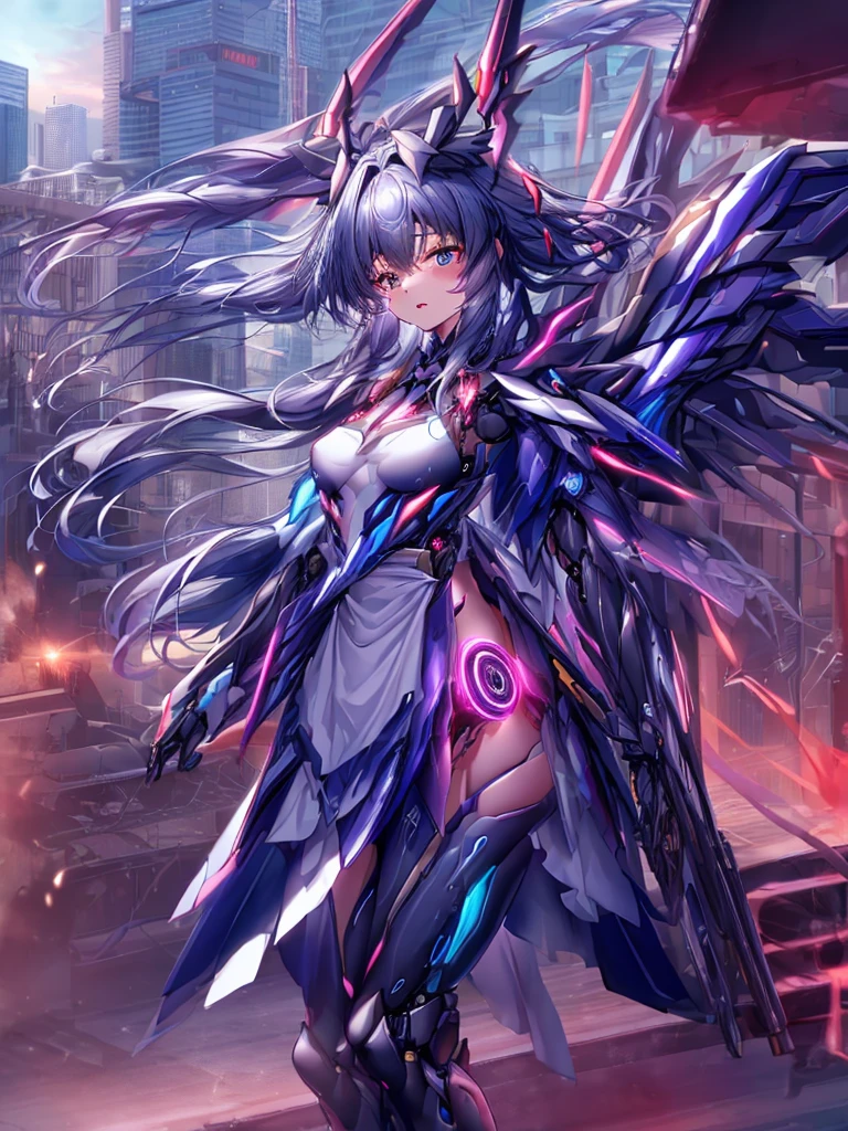 top-quality、ighly detailed、​masterpiece、ultra-detailliert、illustratio、((1girl in))、silber hair、length hair、Floating hair、、Cyber City、Neon building、(The upper part of the body:1.05)、extremely_Detailed_Eyes_And_Face,cybernetic wing mechanical wing、Random posture、Skyscraper、、Mechuusume、shrine maiden clothe,maid clothes、Random angles、anime styled,cowboy  shot