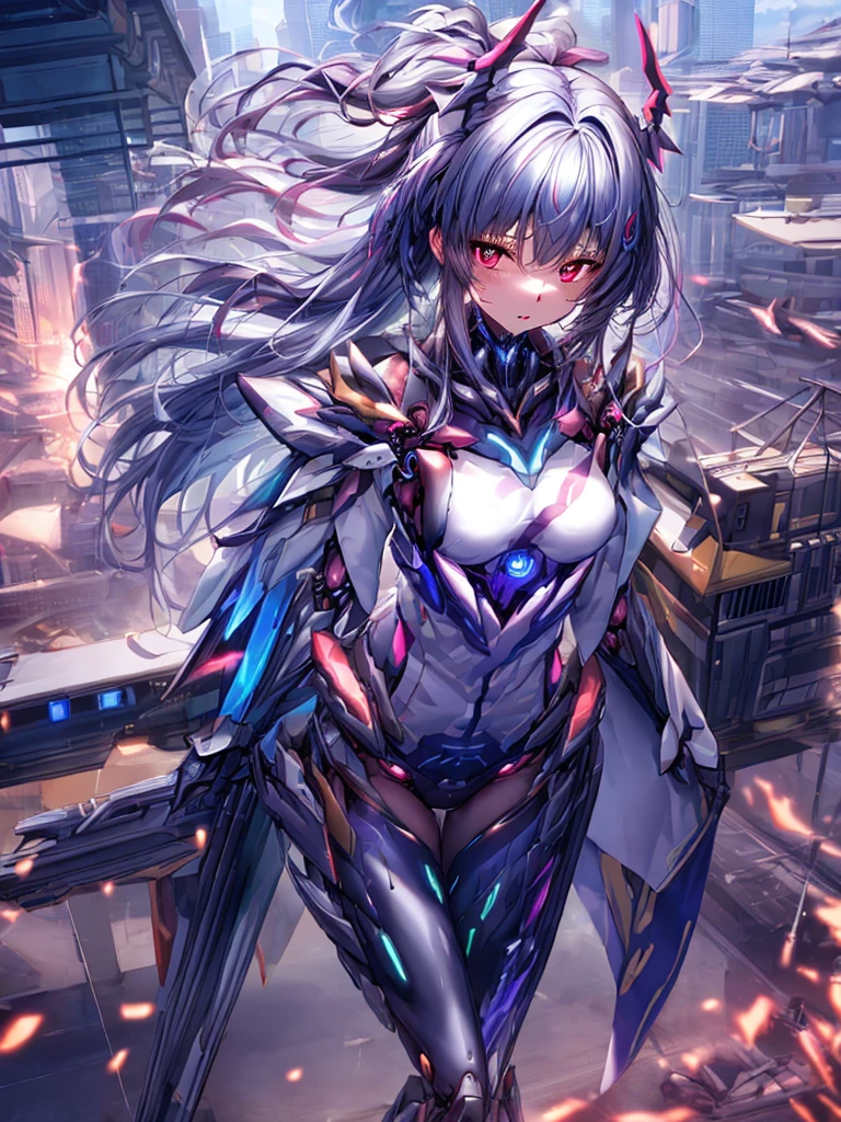 top-quality、ighly detailed、masterpiece、ultra-detailliert、illustratio、((1girl in))、silber hair、length hair、Floating hair、、Cyber City、Neon building、(The upper part of the body:1.05)、extremely_Detailed_Eyes_And_Face,cybernetic wing mechanical wing、Random posture、Skyscraper、、Mechuusume、shrine maiden clothe,maid clothes、Random angles、anime styled,cowboy shot