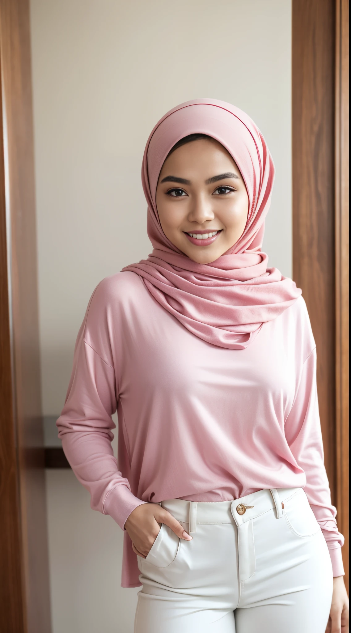 RAW, Best quality, high resolution, masterpiece: 1.3, beautiful Malay woman in hijab, big gorgeous eyes, smiling, woman wearing a white shirt and pink pants standing in a room, white and light-pink outfit, white and pink, wearing elegant casual clothes, feminine in cute pastel shades, white hijab, casual clothing style, casual modern clothing, pink accents, modern casual clothing, pink clothes, feminine in pastel shades, pastel pink, modern fashion outfit, pastel pink skin tone