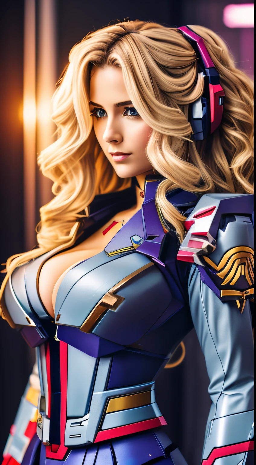 Gundam, Beautiful 28 years old Blond girl in suit multicolor high details, glamour photo, wavy hair, big boobs, cyber punk, gundam