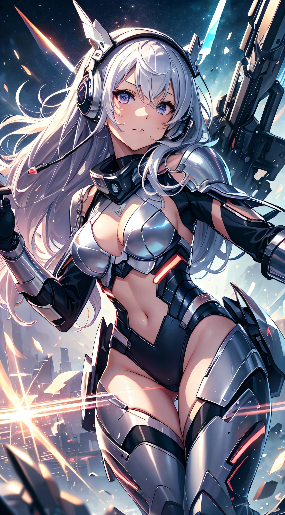top-quality、Top image quality、masterpiece、girl with((black mecha suit、Shining gold mech suit、18year old、 Ager、cute little、Best Bust、big bast,Beautifully shining purple eyes open wide, Messy silver hair、Longhaire、A slender,big moves in volleyball,sharp claws、Equipped with a shield on the right arm、headphones with sword in left hand、fighting poses、running splatter)),hiquality、Beautiful Art、Background with((A world of shining galaxies、karo)))、,masutepiece、depth of fields,Cinematic style