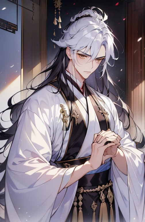 tmasterpiece, Huang Li, (great composition), 1人, Alone, , Handsome, silver bob short hair, Hanfu,yellow eyes, dynamic angle, 动态照明, well-built, white skinned, refined, Handsome_male people,
angelic messenger, celestial realm, sacred message, ellegance, purity, Sympathy, looking at viewert, a perfect face, Perfect hands, perfect pubic bone