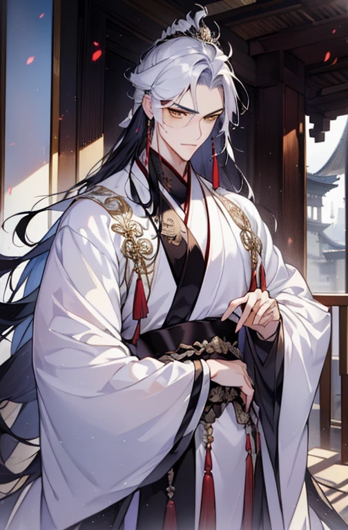 tmasterpiece, Huang Li, (great composition), 1人, Alone, , Handsome, silver bob short hair, Hanfu，yellow eyes, dynamic angle, 动态照明, well-built, white skinned, refined, Handsome_male people, 
angelic messenger, celestial realm, sacred message, ellegance, purity, Sympathy, looking at viewert,    a perfect face, Perfect hands, perfect pubic bone