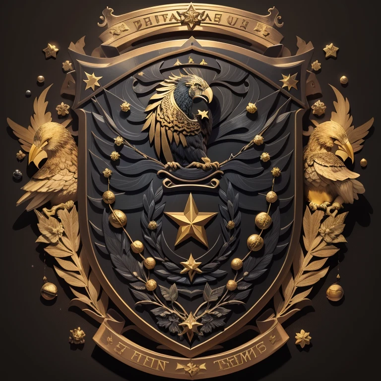 coat of arms, 3D, painful detail, Realistic, futuristic image, Coat of arms of the Beighton Empire, smooth black shield with gold stars, a small shield in the inside of a large one with a golden wolf, decorated with two golden eagles, inscription on the shield "Solum officia habui, populus iura mihi dedit." (surrounded by three planets:1.4)