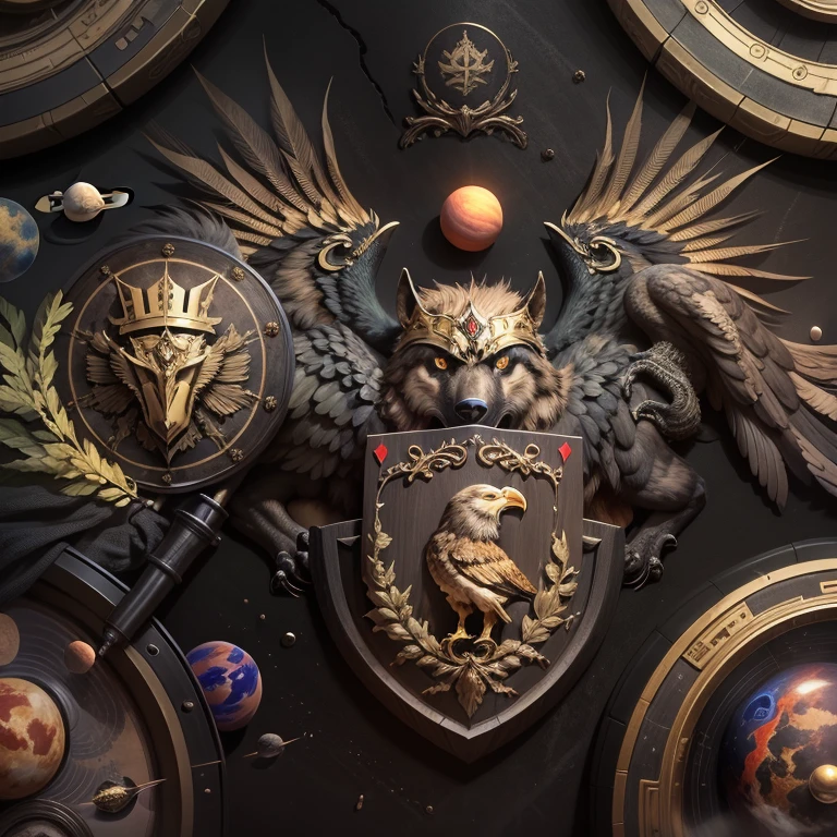 coat of arms, 3D, painful detail, Realistic, futuristic image, Coat of arms of the Beighton Empire, smooth black shield with gold stars, a small shield in the inside of a large one with a golden wolf, decorated with two golden eagles, inscription on the shield "Solum officia habui, populus iura mihi dedit." (surrounded by three planets:1.4)