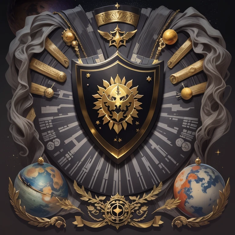 coat of arms, 3D, painful detail, Realistic, futuristic image, Coat of arms of the Beighton Empire, smooth black shield with gold stars, a small shield in the inside of a large one with a golden wolf, decorated with two golden eagles, inscription on the shield "Solum officia habui, populus iura mihi dedit." (surrounded by three planets:1.4)