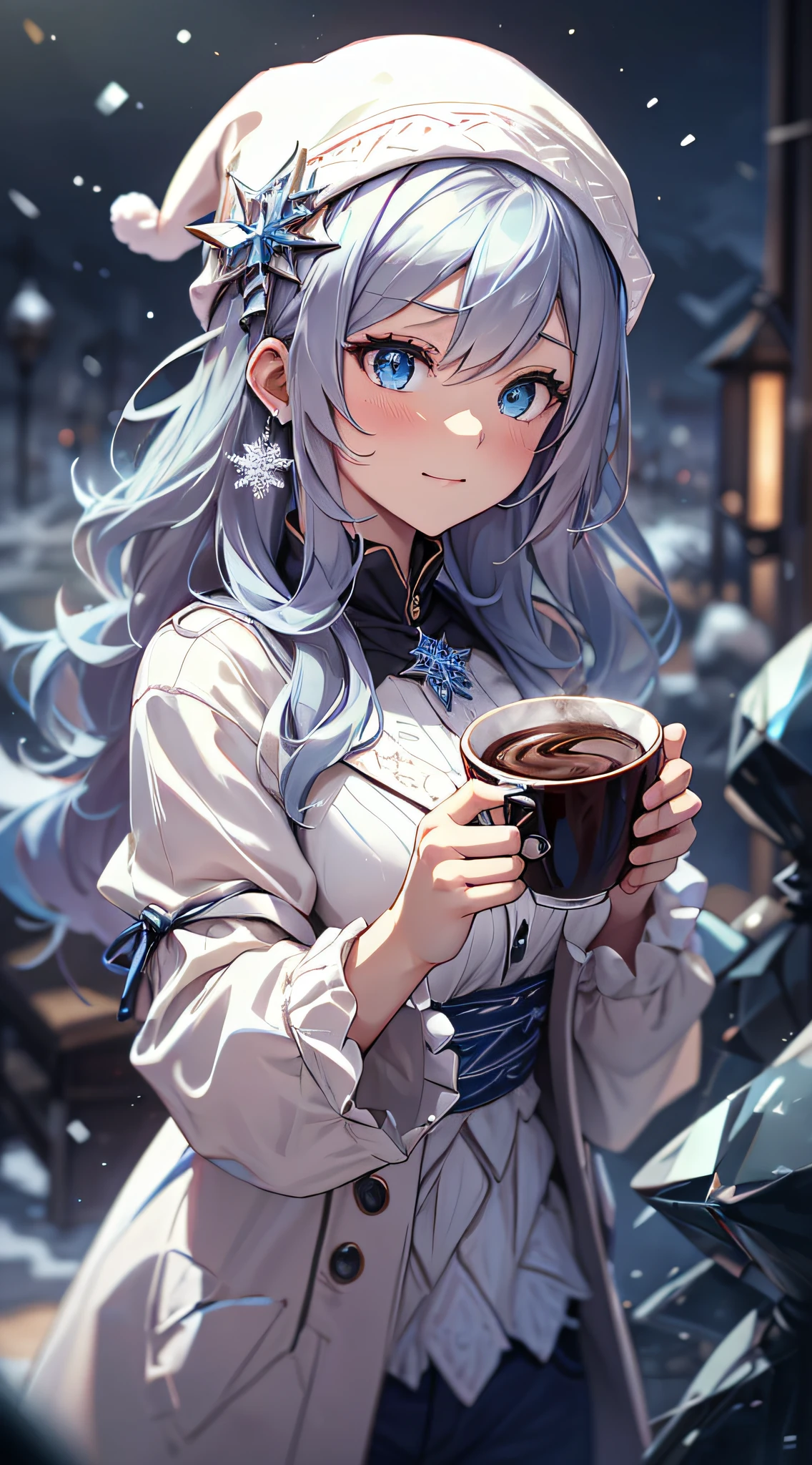 top-quality、Top image quality、​masterpiece、teens girl((white longcoat、Blue tank top、black trousers、Santa's Hat、18year old、 Ager、Best Bust、big bast,Beautiful light blue eyes, Long silver hair、A slender,Large valleys、dye one's cheeks red、White breath、Reflecting the whole body、jamping、reaching out her hands、dye one's cheeks red、A slight smil、sit a chair、A slight smil、Visit、Shining eyes、Leaning forward)),hiquality、Beautiful Art、Background with(( Calm cafe at night、Counter seats、Hot coffee、chocolate cake、snowflakes falling、Heavy snow falls、snowman、 A world where snow piles up、Christmas tree、Crystal Tower)))、masutepiece、depth of fields,