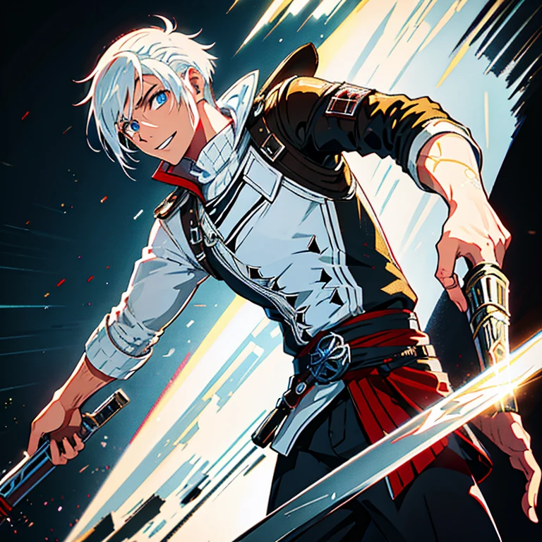 Anime boy with white hair side shaved, and blue eye wearing assasins creed costume, coming from darkness to white with evil smile