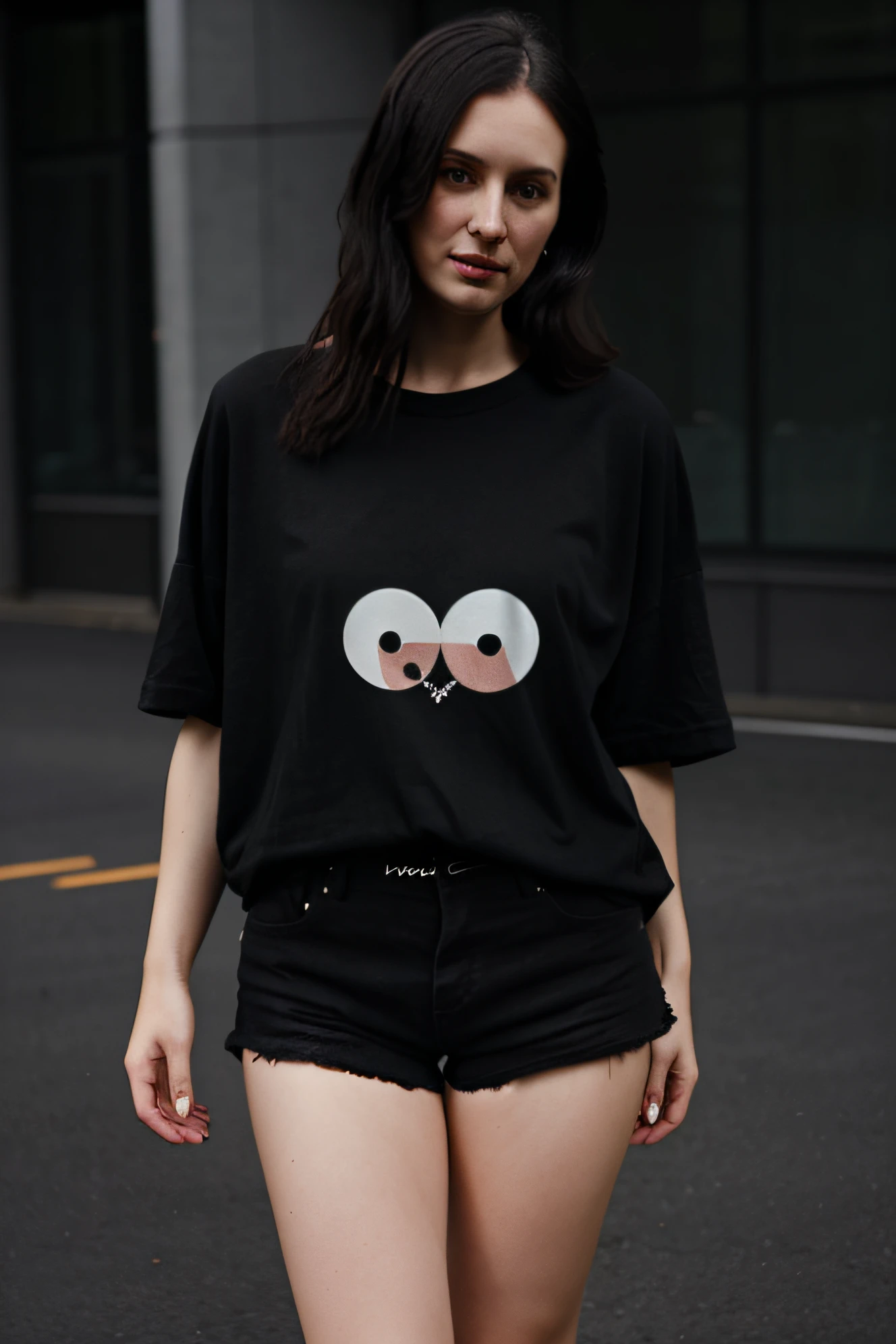Mulher de 30 anos, hiper-realista, vestindo uma camiseta preta grande e shorts
